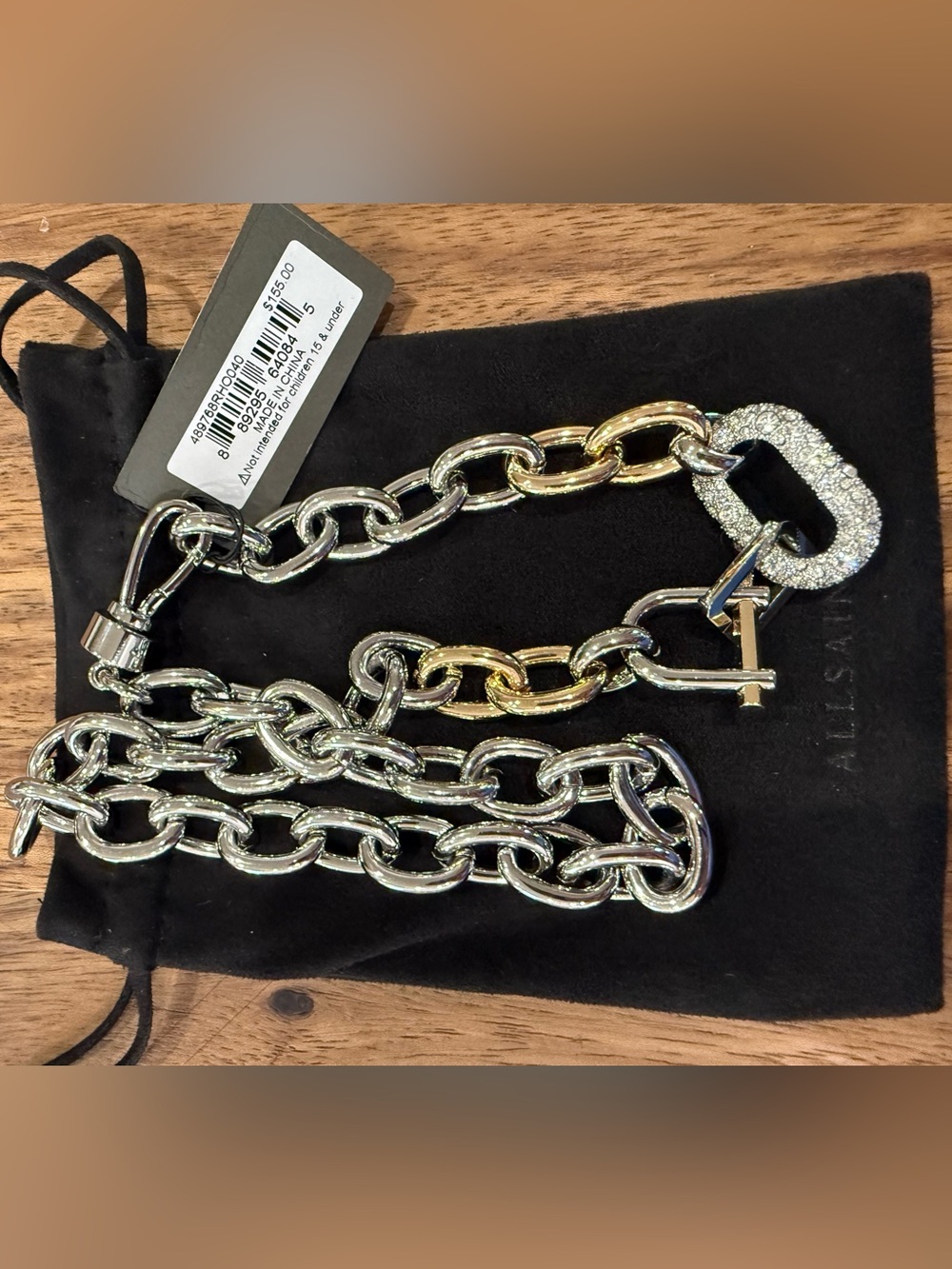All Saints Mixed Metal Chain Necklace with Crystal Toggle- gorgeous
